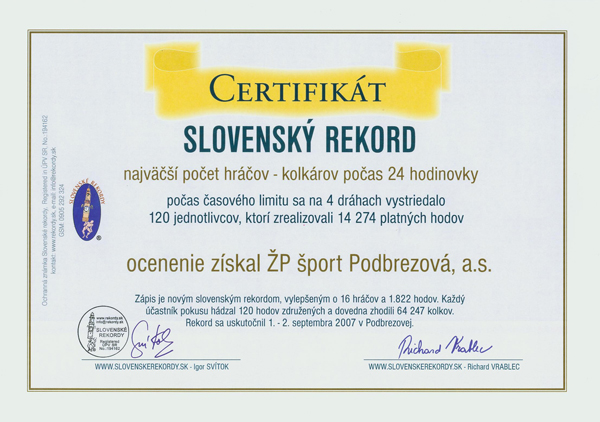 Certifikát pre ŽP Podbrezová od Slovenských rekordov