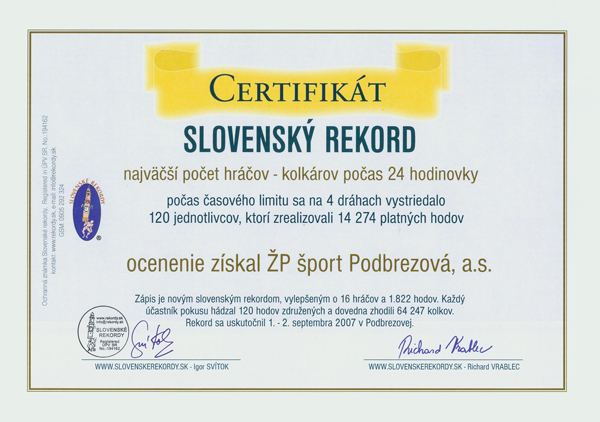 Certifikát pre ŽP Podbrezová od Slovenských rekordov